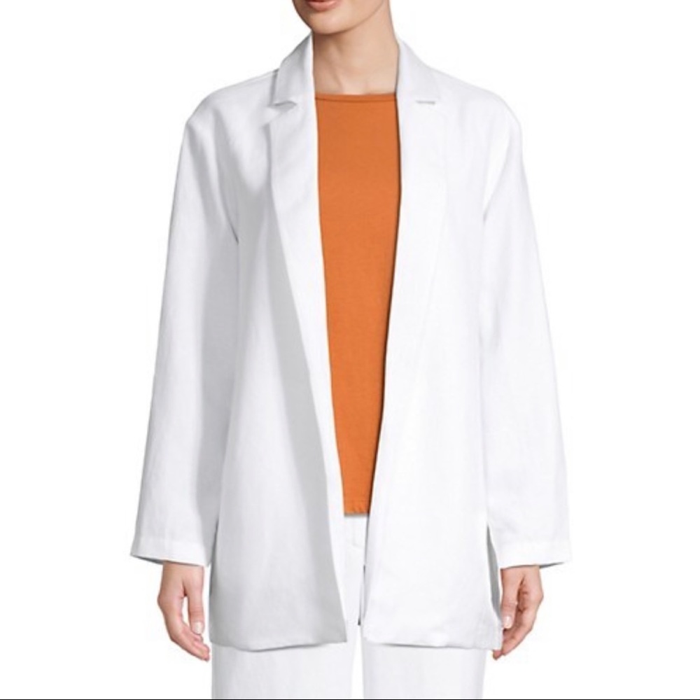 Eileen Fisher White Notch Collar Open Front Linen Blazer